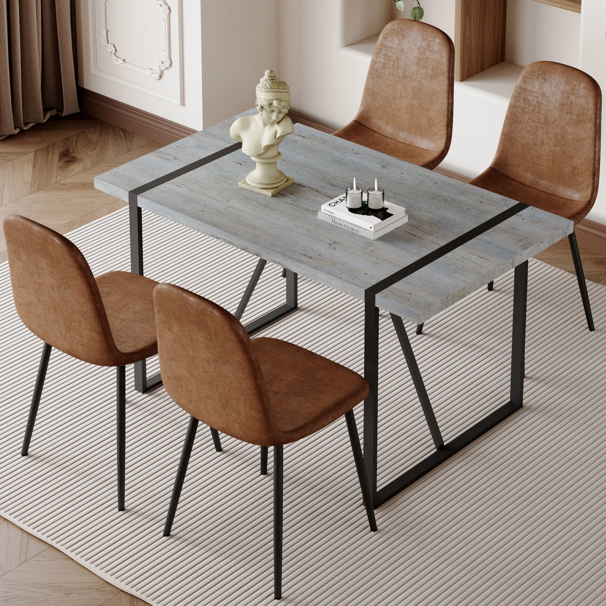 Mid-Century Modern Dining Set with Rectangular Table and Upholstered Dining Chairs