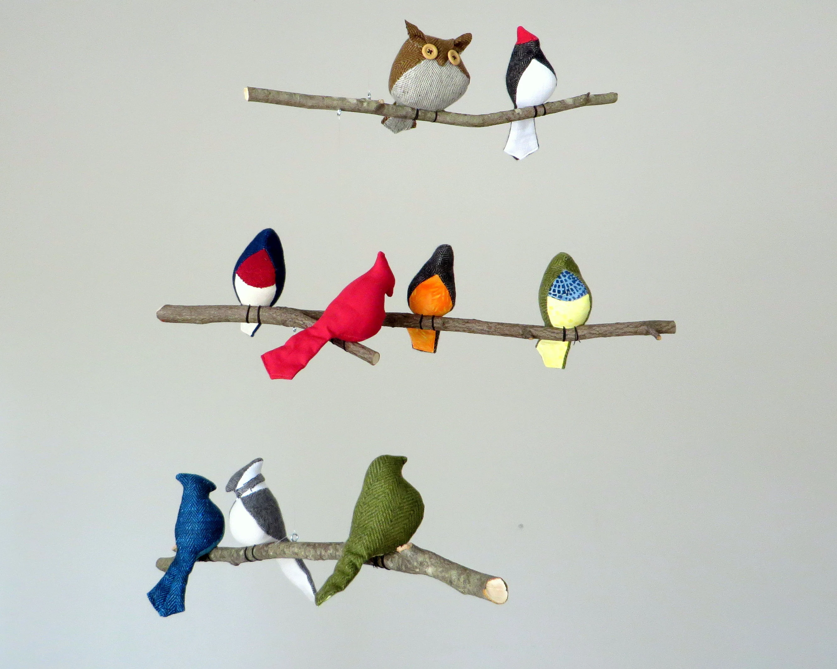Custom Bird Mobile: American Woodland Nursery Decor on Natural Branches