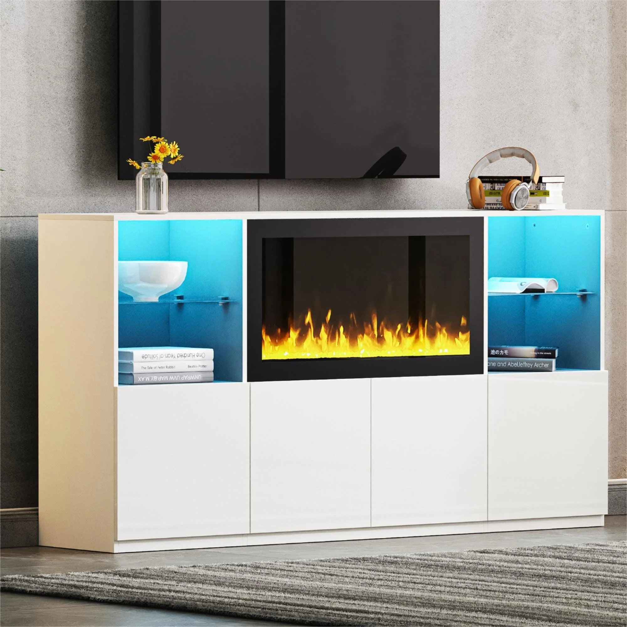67-Inch High Gloss Modern TV Stand with 34.2 Electric Fireplace
