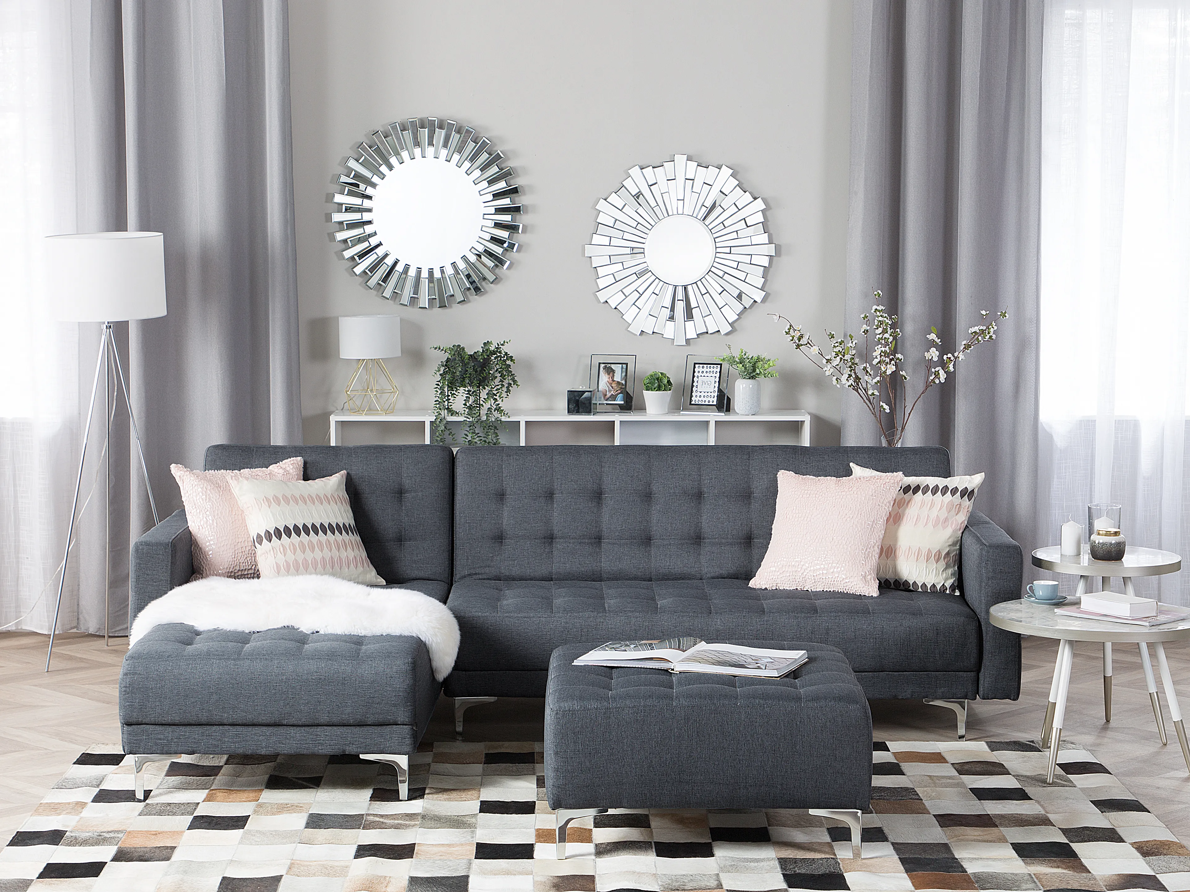 Modular Corner Sofa Bed 4 Seater ABERDEEN Fabric Dark Grey with Ottoman Right Hand