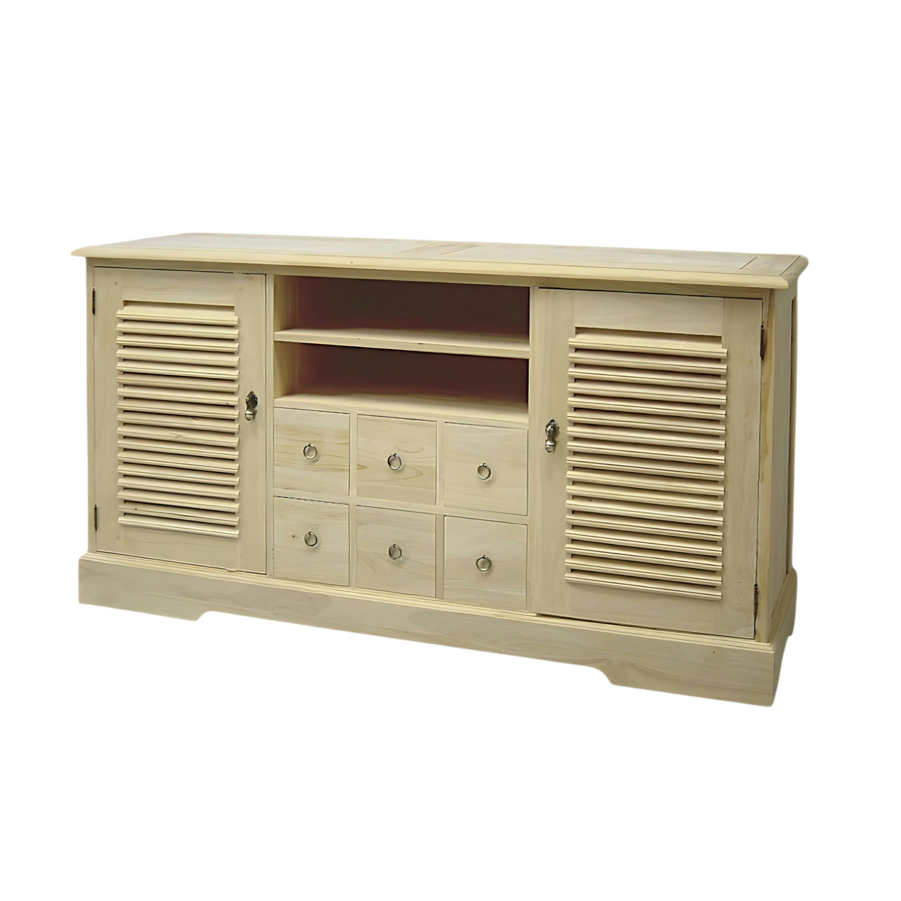 Meuble TV / Buffet Hévéa 2 portes persiennes, 6 tiroirs, 2 niches 150x44x80cm MAORI