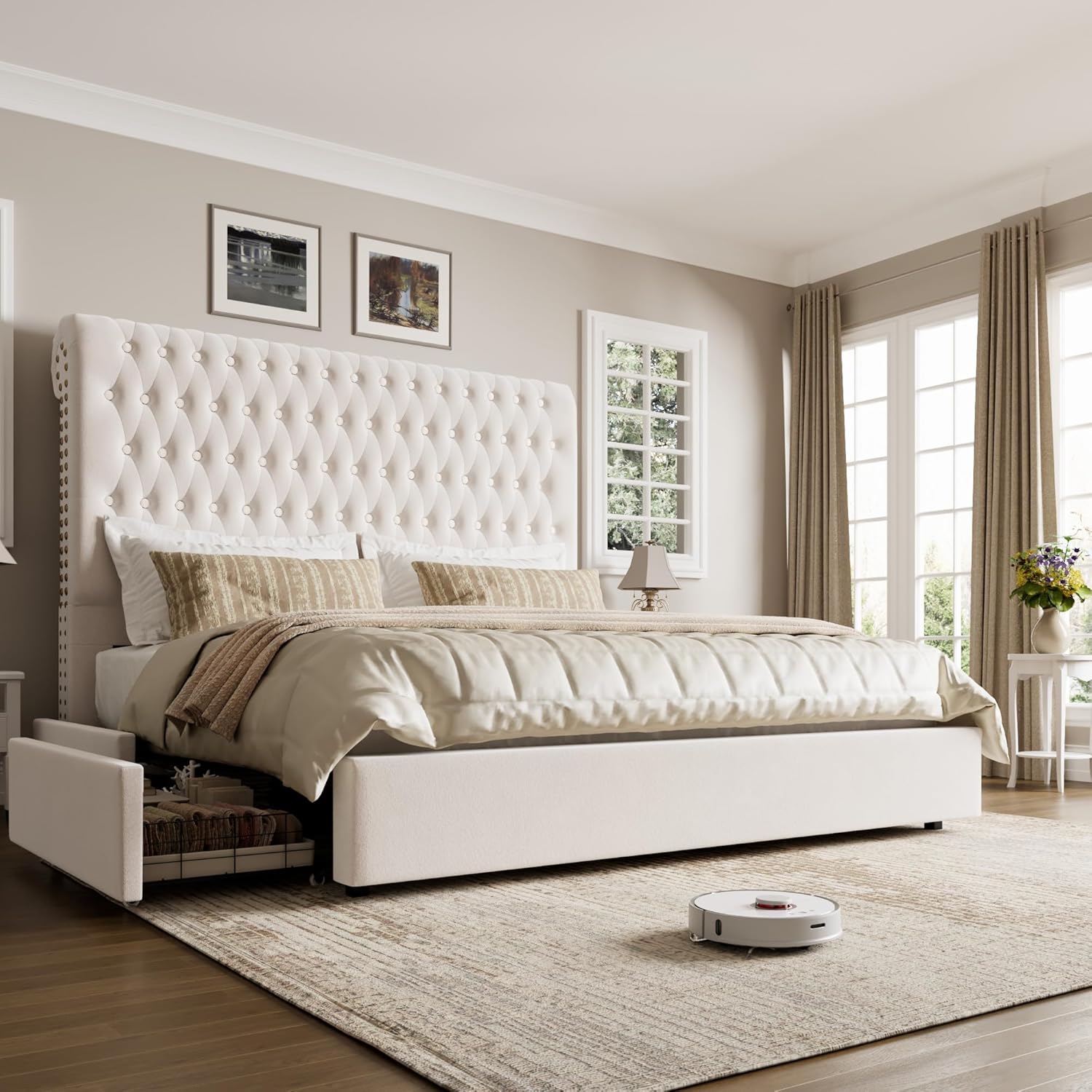 Queen Size Bed Frame 54 Tall Headboard with Gorgeous Button Tufted and Nail, Velvet Fabric Upholstered Bed Frame includes 4 Under-bed Storage Drawers, Wooden Slats, Noise-Free, Easy Assembly, Beige