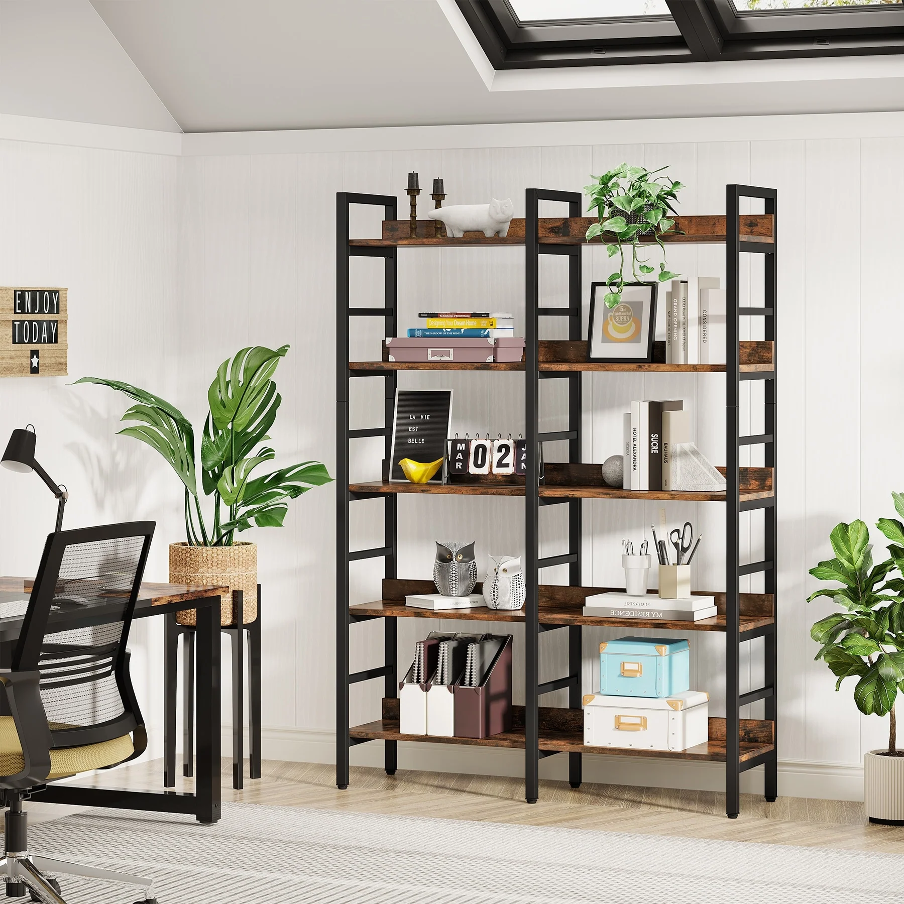 Double Wide Bookshelf, 5-Tier Industrial Etagere Bookcase Free Standing Tall Book Shelf, Rustic Brown