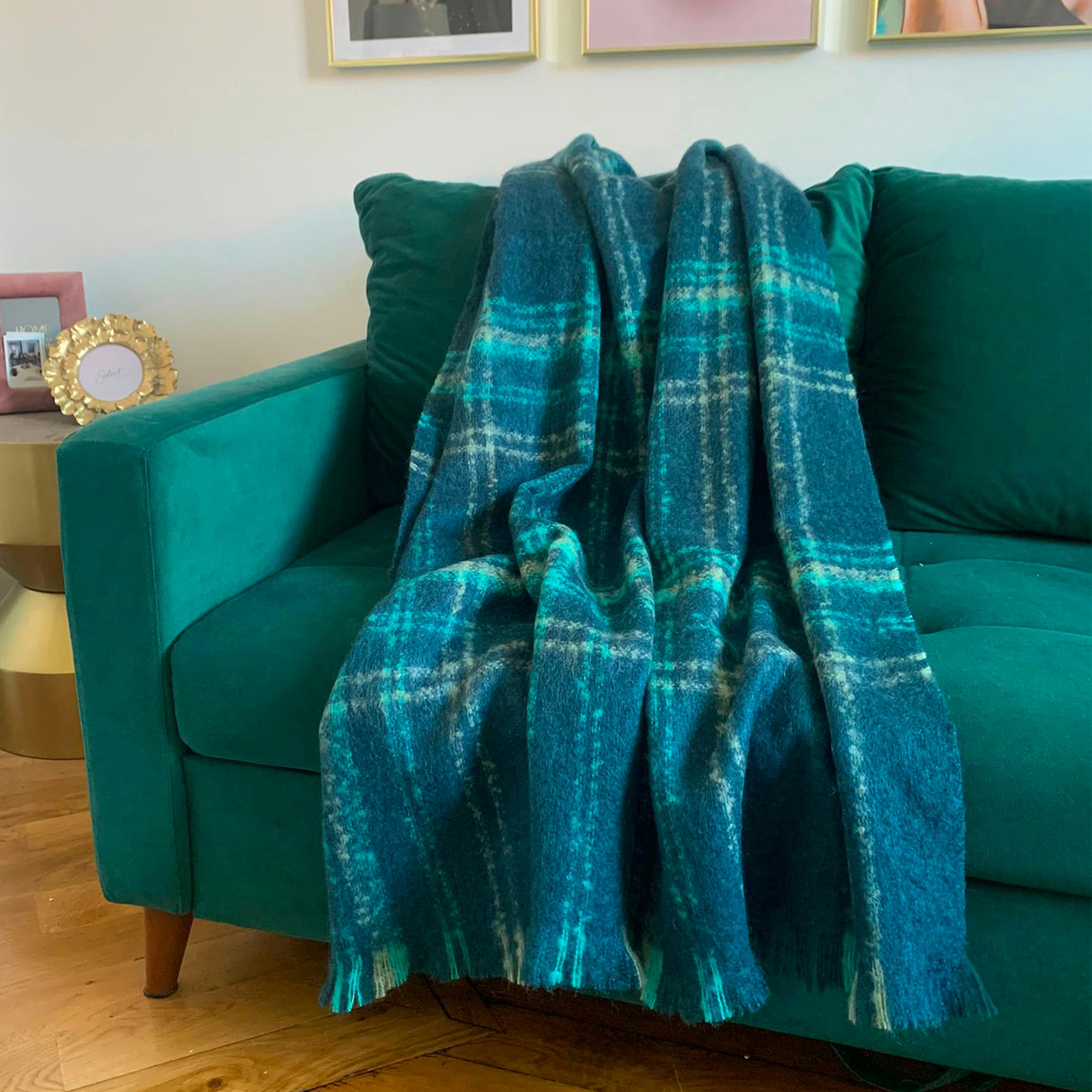 CARREAUX 20% MOHAIR - Plaid carreaux 20% mohair bleu canard 120x180cm