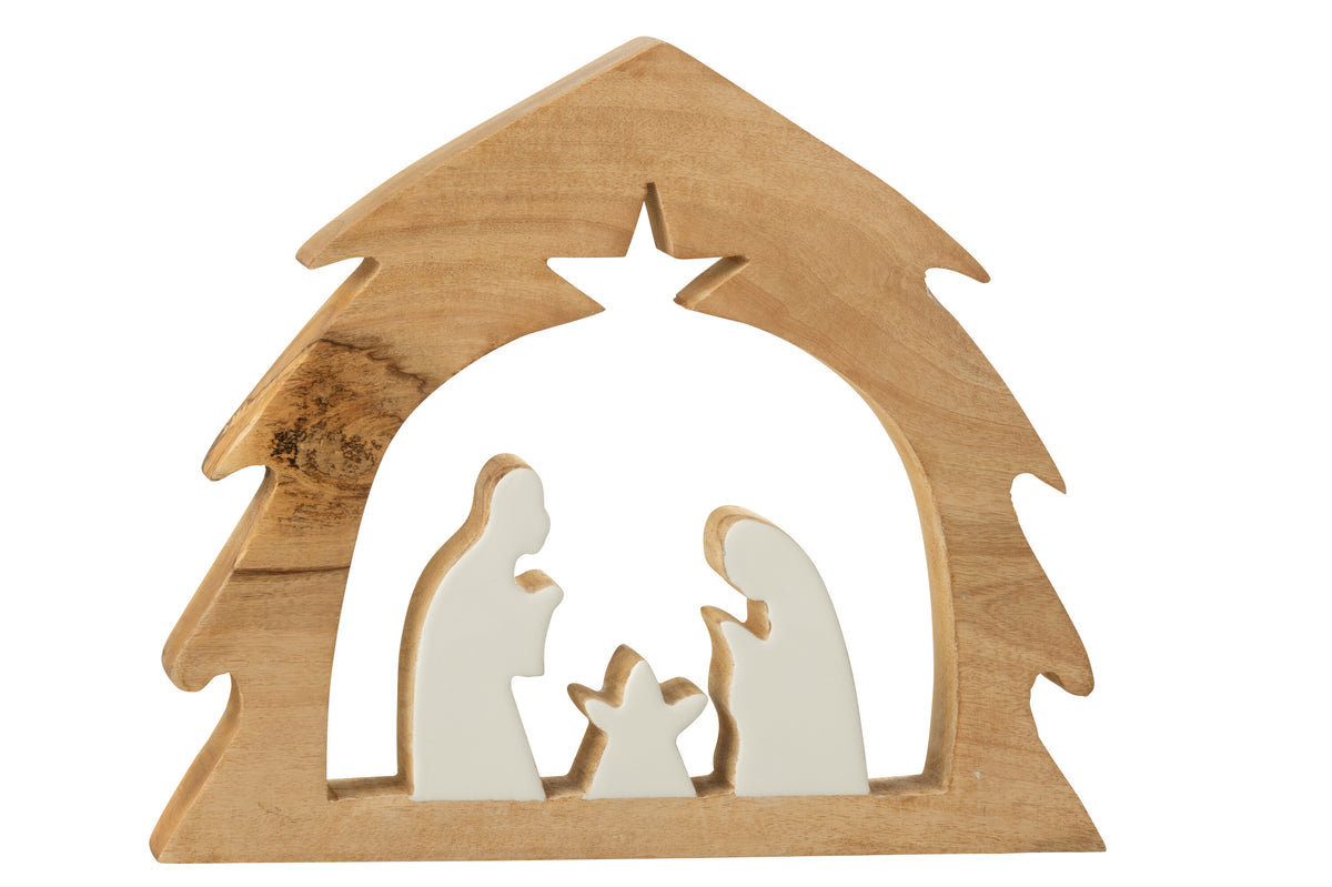 J-Line decoratie Kerststal Boom - hout - wit/naturel - large