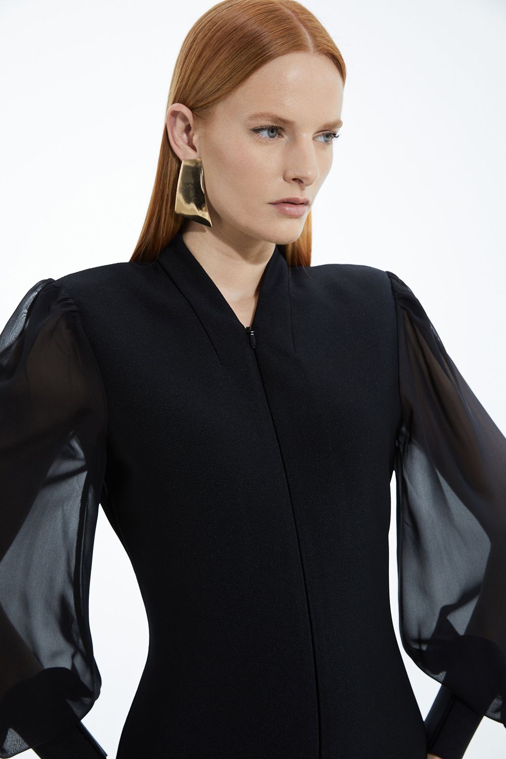 KarenMillen Bandage Figure Form Zip Detail Chiffon Sleeve Knit Dress