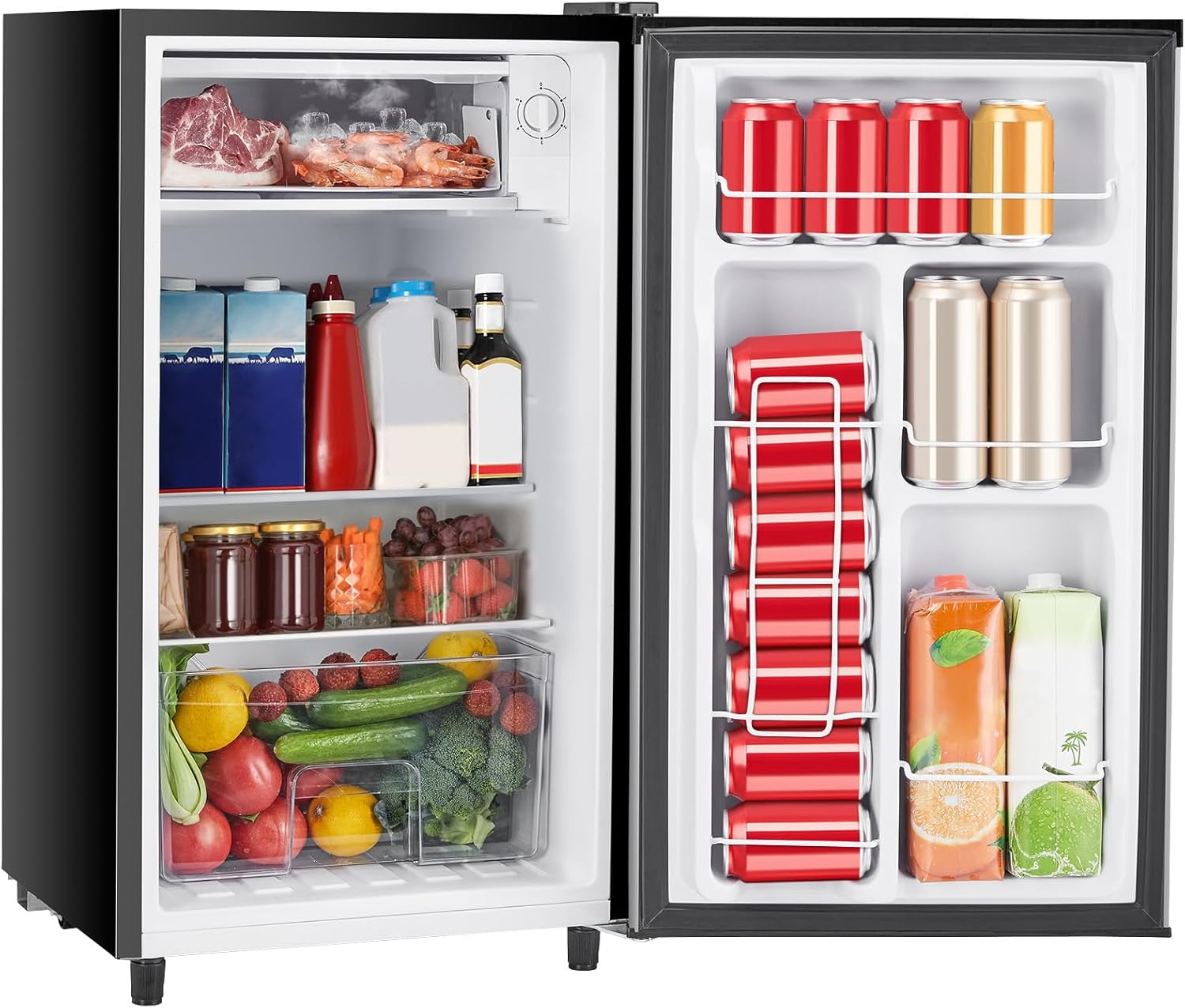 Sweetcrispy 3.2 Cu.Ft Mini Fridge with Freezer, 2 Door Small Refrigerator with Adjustable Thermostat Energy-efficient Low Noise, Compact Fridge for Bedroom, Office, Dorm, Silver