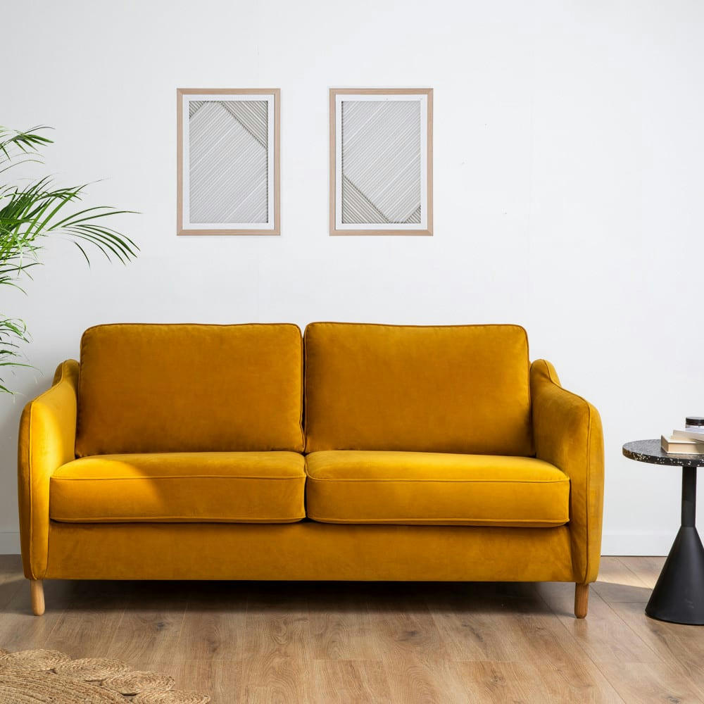 VORNAY - Canapé convertible ouverture express 3 places en velours jaune moutard