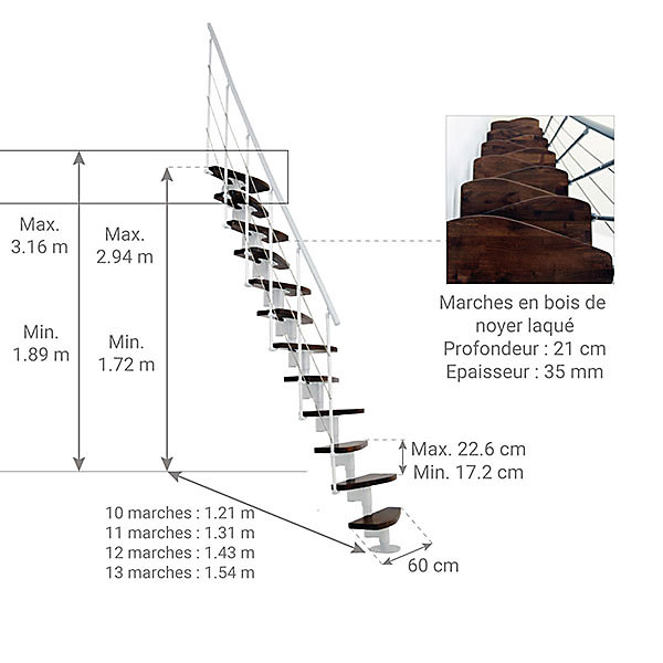 Escalier droit 13 marches - Hauteur à franchir 2.41 à 3.17m - Largeur 65cm - Structure blanche et marche noyer -