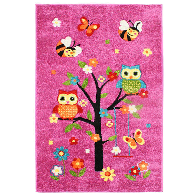 FUJI - Tapis toucher laineux chouettes sur un arbre rose 100x150