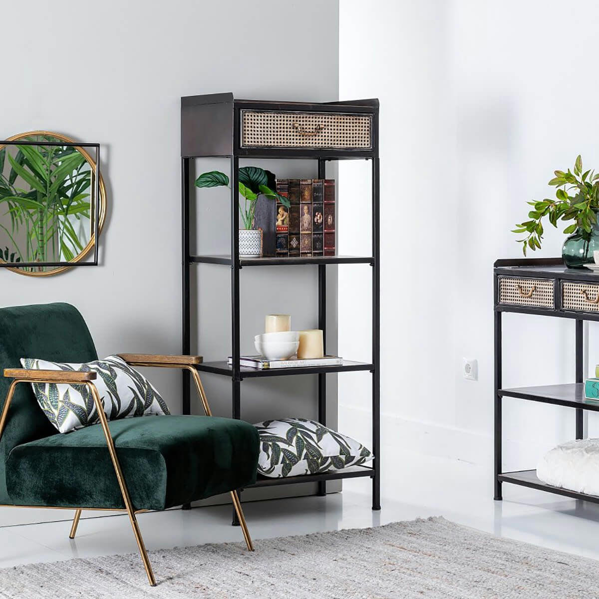 BRANKA - Etagère  4 plateaux 1 tiroir métal noir et or vieilli