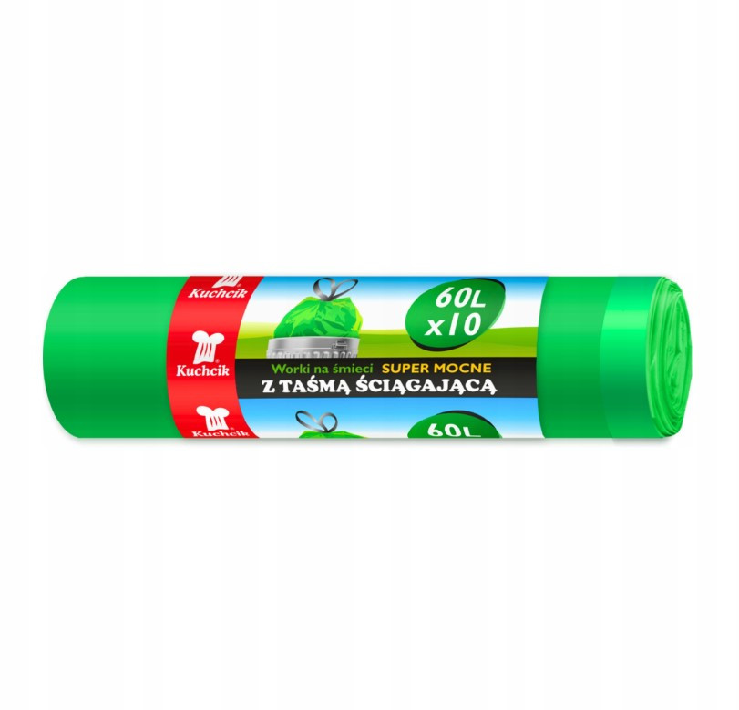 Worki na śmieci z taśmą wiązane mocne zielone 60L 10 sztuk Kuchcik 2852