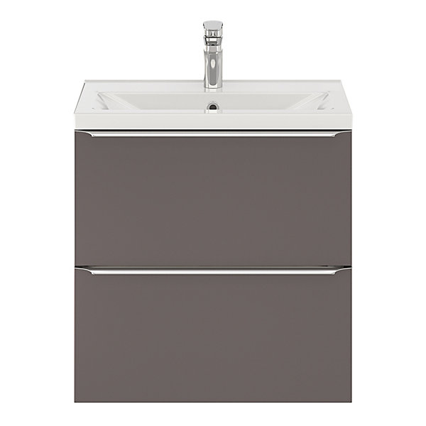Meuble vasque suspendu faible profondeur gris taupe brillant l.60 cm Imandra   plan vasque blanc céramique Nira, GoodHome