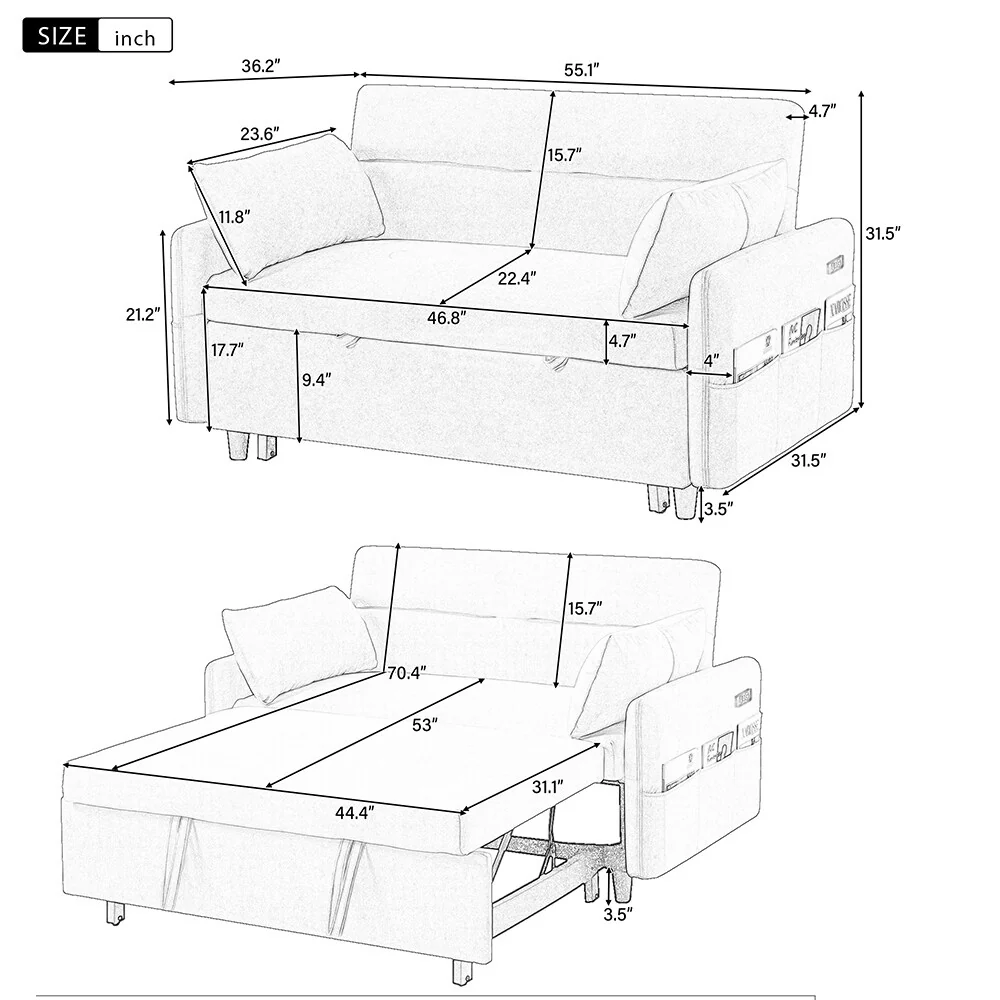 55.1 USB Sofa Bed with Adjustable Backrest, Storage and 2 Pillows