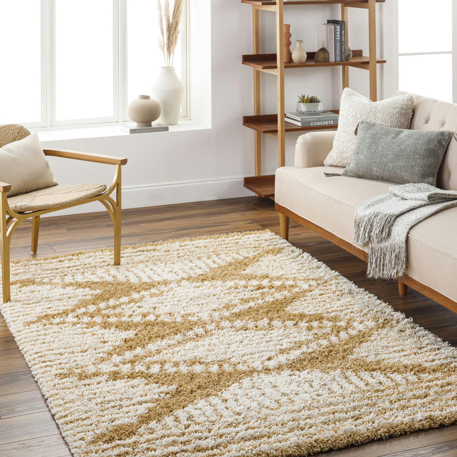 NURIA - Tapis Shaggy Bohème Blanc/Ocre 160x220