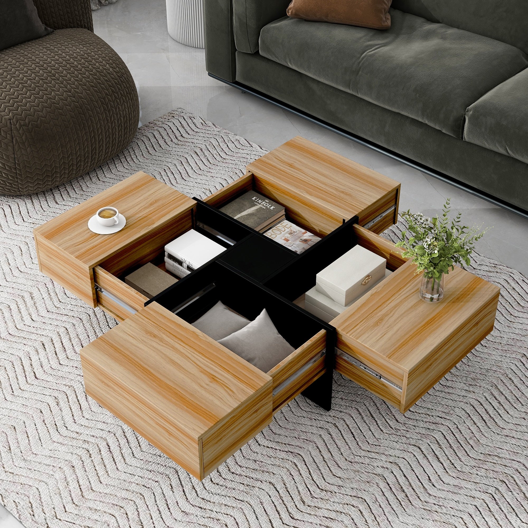 Unique Design Coffee Table with 4 Hidden Storage Compartments, Square Cocktail Table with Extendable Sliding Tabletop
