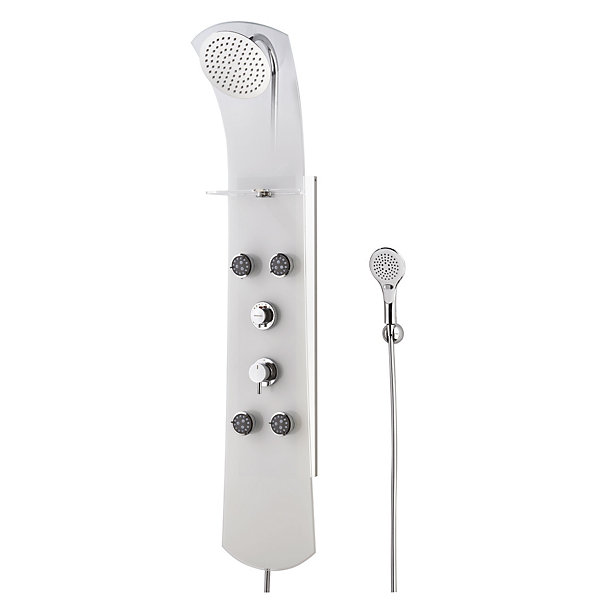 Colonne de douche thermostatique hydromassante 4 buses avec tablette, pomme de tête, douchette 3 jets et flexible, verre blanc, Valentin Nautilus