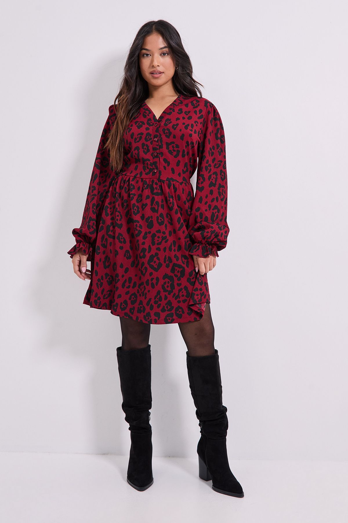 Dorothy Perkins Petite Animal Button Detail Blouson Sleeve Jersey Mini Dress