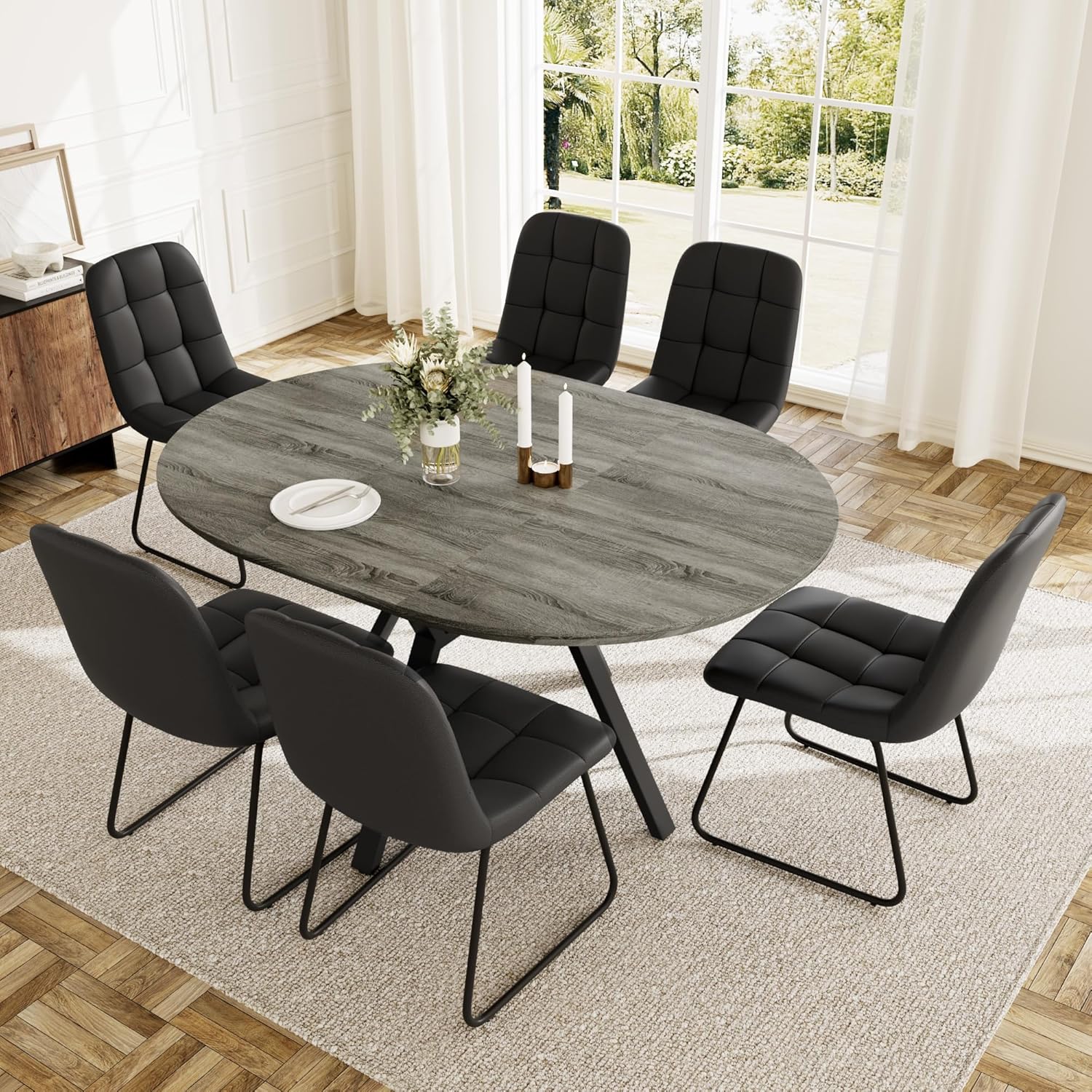 Extendable Round Dining Table Set for 6 People, 43.3-59.1 Extendable Kitchen Table with 6 Upholstered Chairs, Space Saving for Kitchen Dining Room (Grey Table+6 U-Shaped Black Chairs)