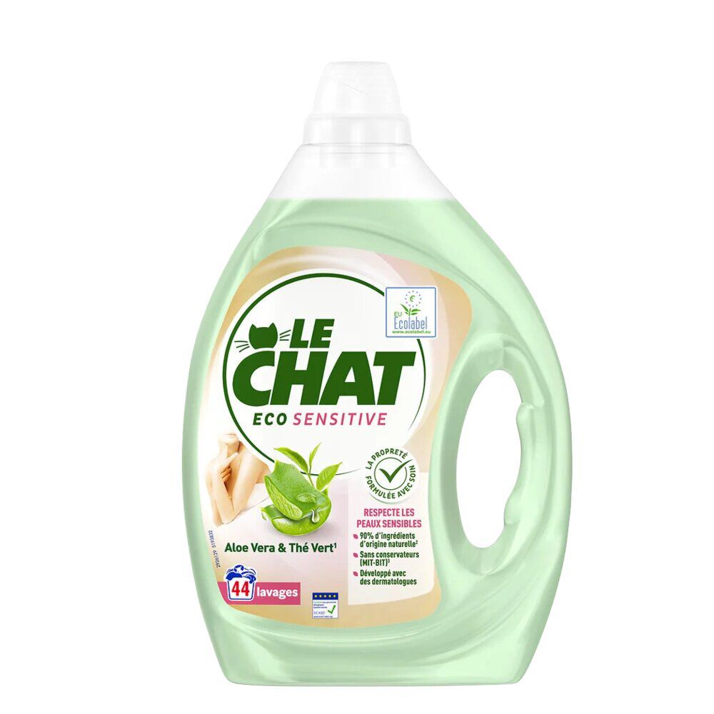 Lessive liquide Le Chat Sensitive Eco aloe vera et thé vert 44 lavages 1,9L