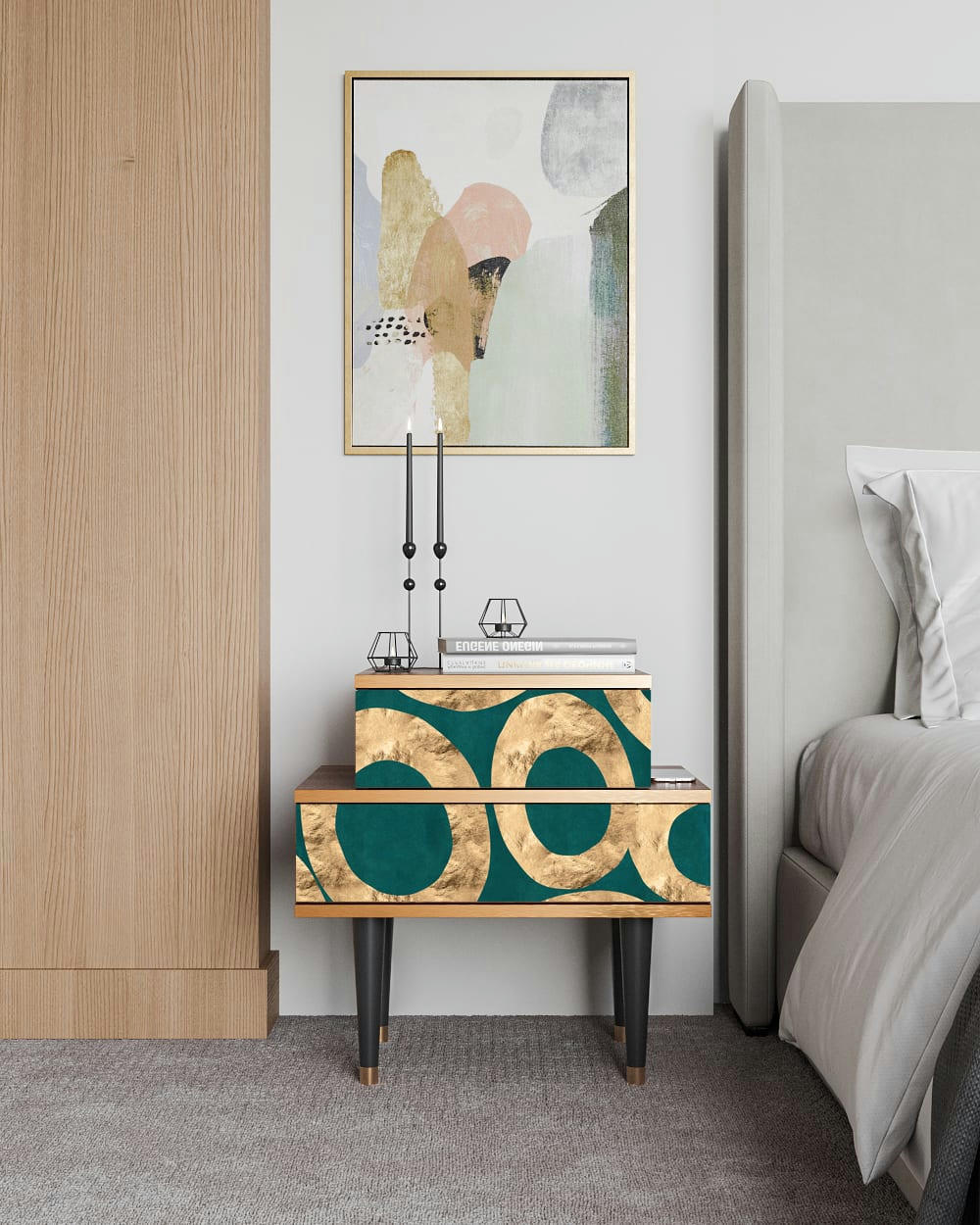 ZIRCON SPHERE - Table de chevet bleu-vert 2 tiroirs L 58 cm