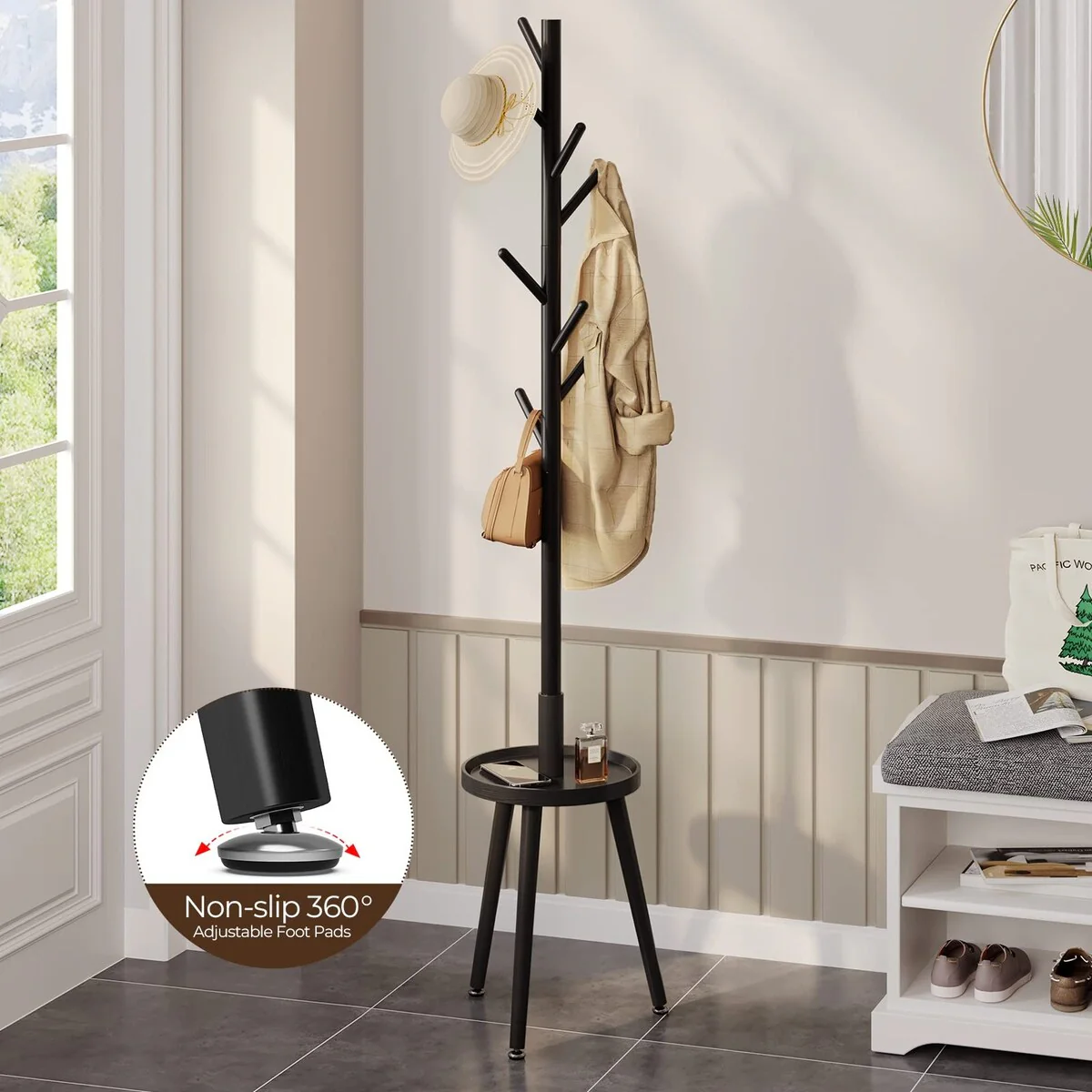 Coat Rack, Wooden Coat Rack Freestanding with Shelf, Coat Tree with 4 Height Options 50.5-72.6Hanger Stand