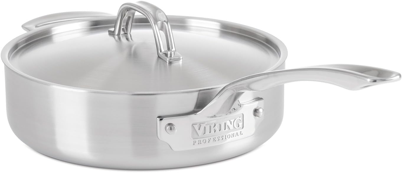 Viking 5-Ply Deep Frying Pan with Lid, 3.4 Quart Stainless Steel Saute Cooking Pot, Dishwasher and Oven Safe, Induction Ready, Satin Finish