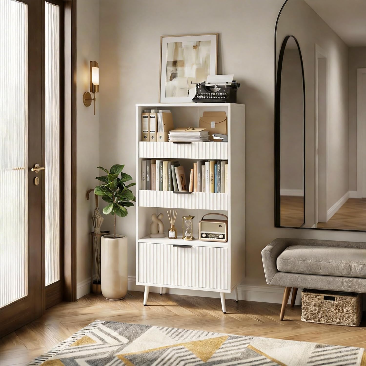 Foxemart White File Storage Cabinet & 4-Tier Multifunctional Storage, 51.1”Tall Storage Cabinet, Narrow Storage Cabinet for Home Office, Bathroom, Kitchen, Pantry, Living Room, Bedroom