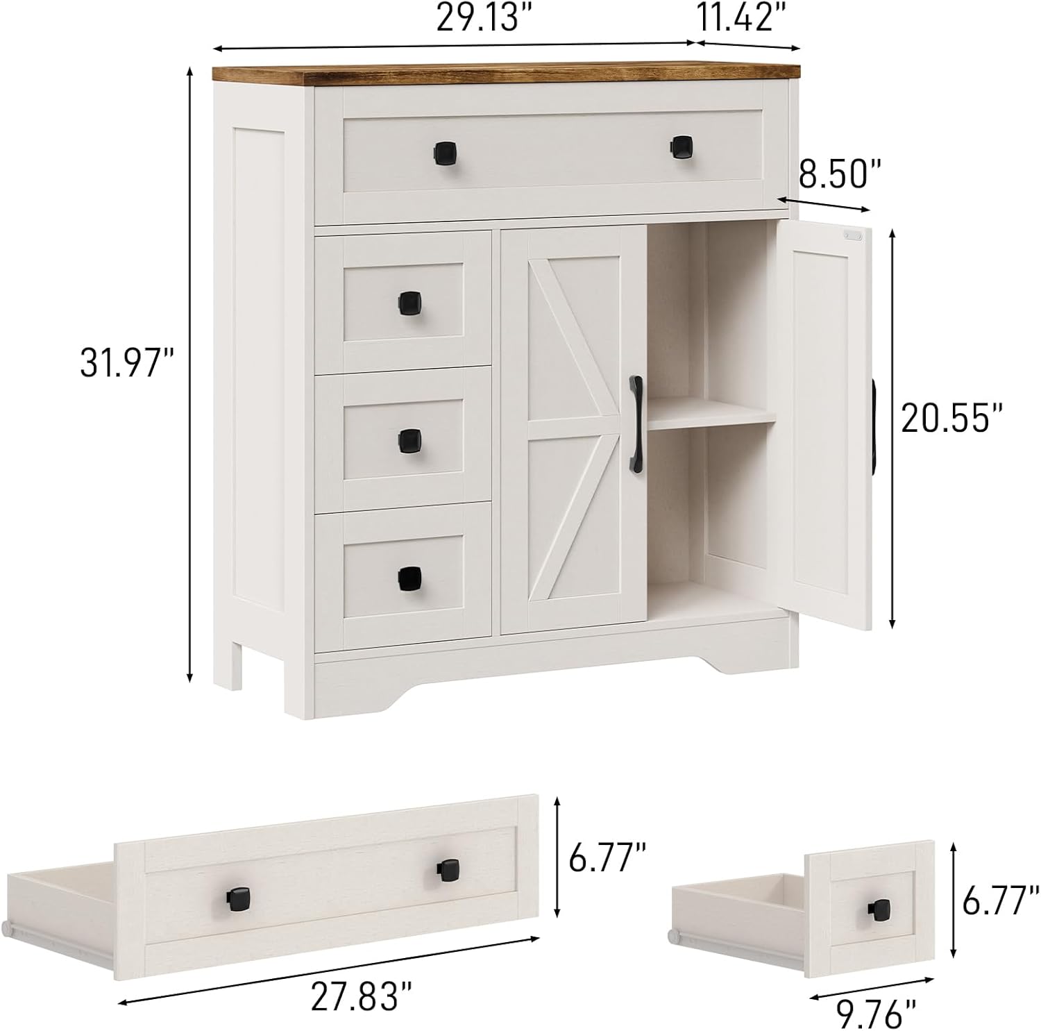 Vabches Farmhouse Storage Cabinet with 2 Doors and 4 Drawers, Freestanding Bathroom Storage Cabinet Kitchen Pantry, Floor Hutch Cupboard for Living Room/Bathroom/Kitchen.(Antique White