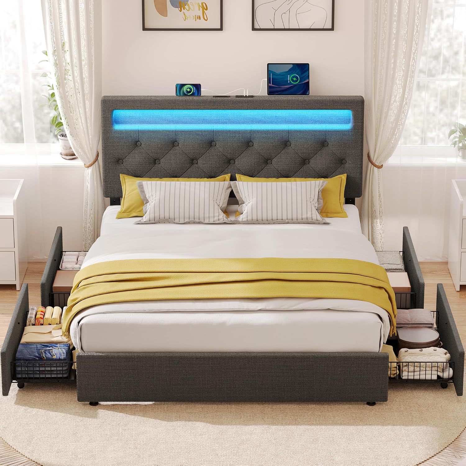 Rolanstar Full Size Bed Frame with 4 Storage Drawers and Charging Station, Full Bed with Led Lights, 2 USB & 1 Type C, Adjustable Headboard 38.9/40.9 Inches, No Box Spring Needed, Dark Gray