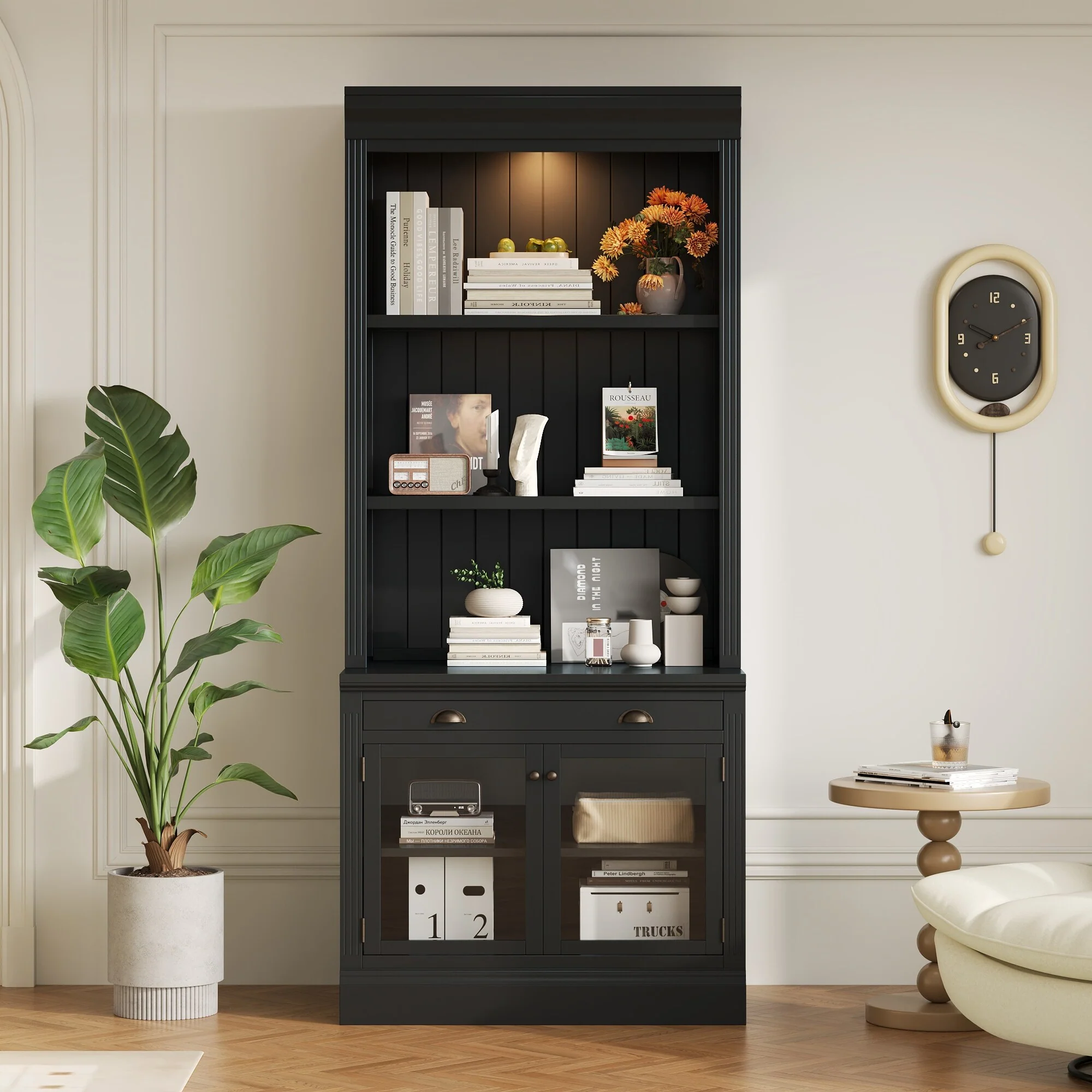 83.4Tall Bookshelf with LED Lighting, Modern Bookcase with 2 Glass Doors and 1 Drawer,Storage Bookcase with Open Shelves