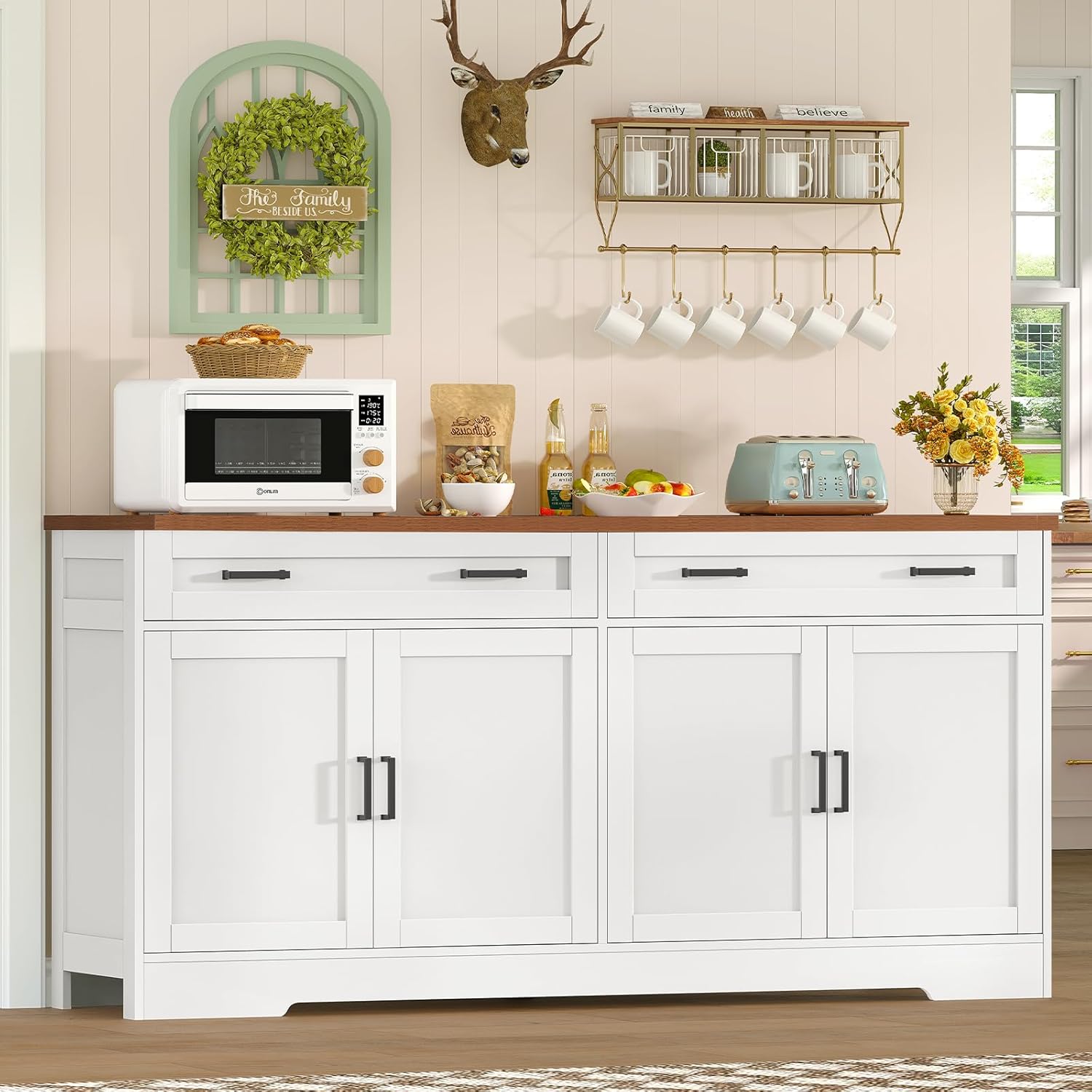 usikey 63 Buffet Cabinet with Storage, Large Sideboard Buffet Cabinet with 2 Adjustable Shelves and 4 Doors, Modern Farmhouse Coffee Bar for Kitchen, Living Room, White