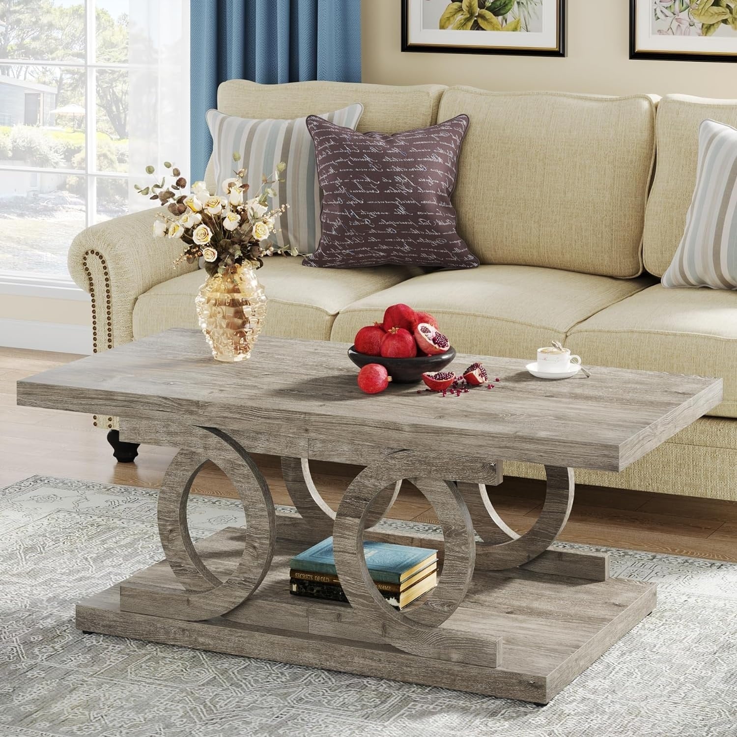 47 Inches Wood Coffee Table Farmhouse Cocktail Table Center Tea Table for Living Room