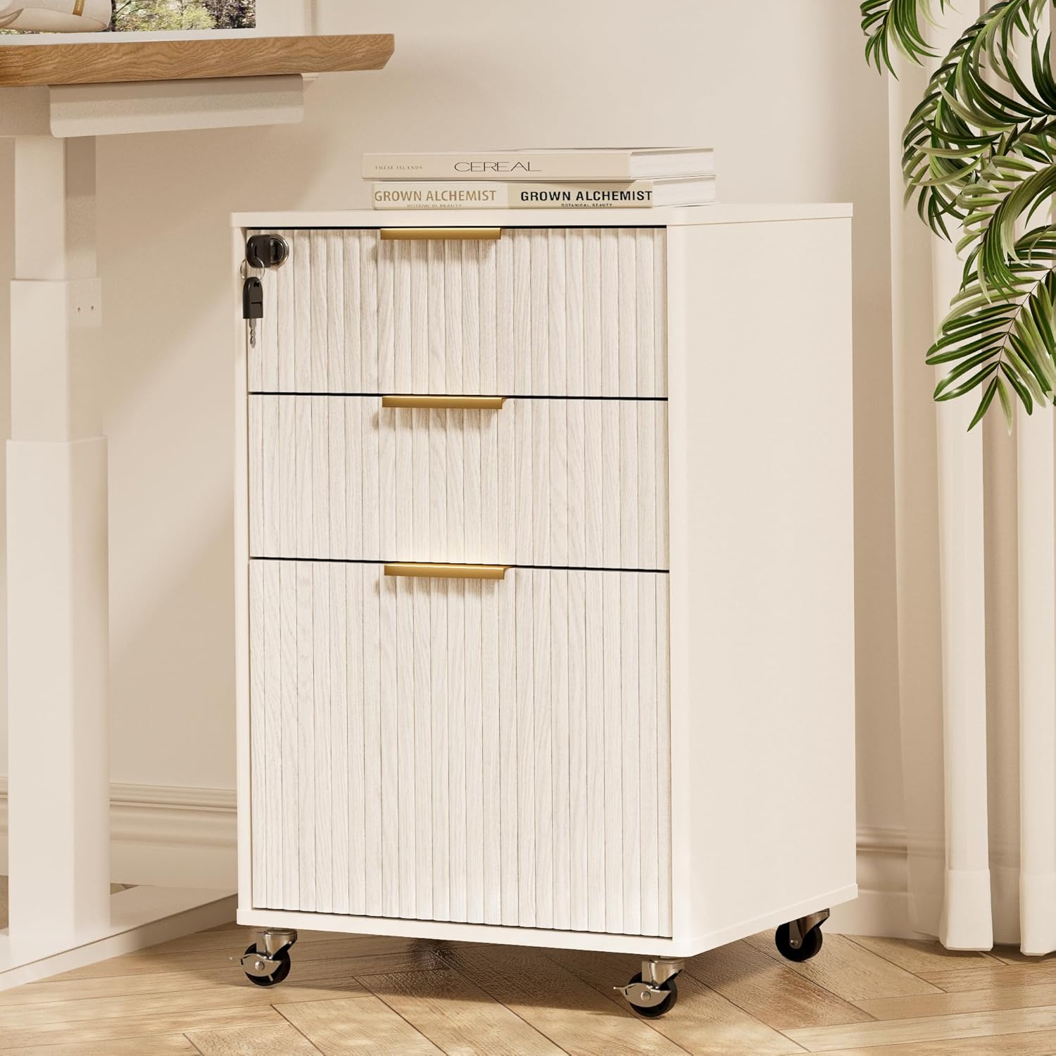 3 Drawers Fluted Mobile File Cabinet with Lock, Rolling File Cabinet Printer Stand Table, Under Desk Wooden Filing Cabinets for Home Office Essentials Storage Organization Furniture Letters/A4(White)