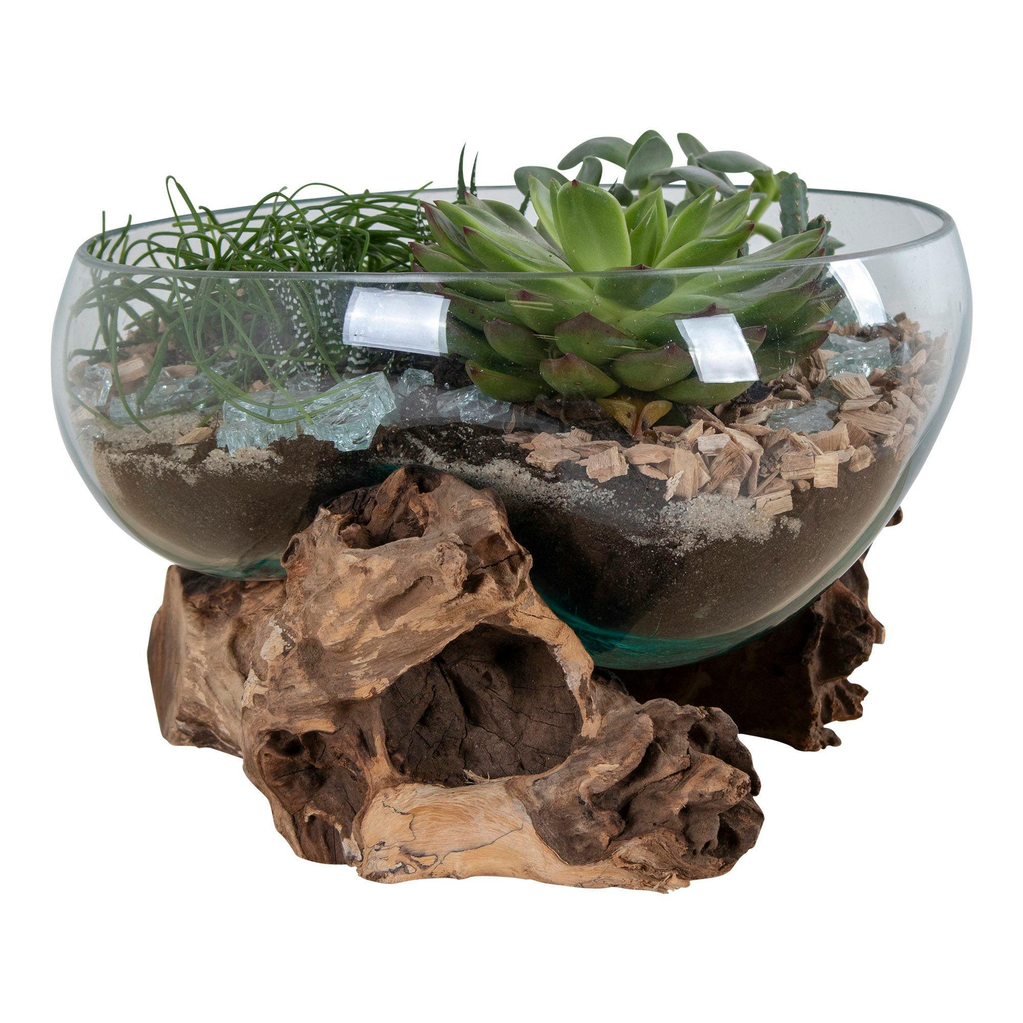 Petit vase verre soufflé et racine teck, artisanal ARIZONA