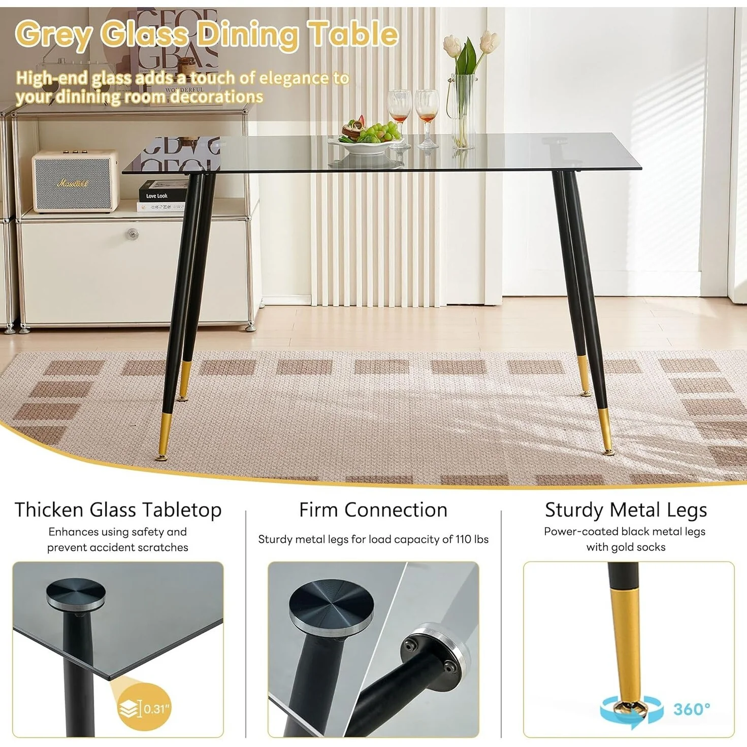 Howtai Grey Glass Table Set with 4 Velvet Chairs for Home Kitchen Dining Room