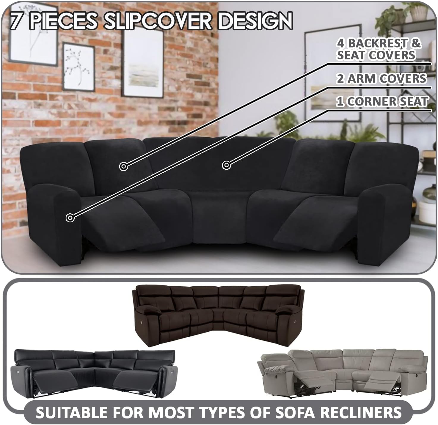 ULTICOR 7-Piece L Shape Sectional Recliner Sofa Covers, Velvet Stretch Reclining Couch Covers for Sofa, Thick, Soft, Washable (Black, 5 Seat Cover)