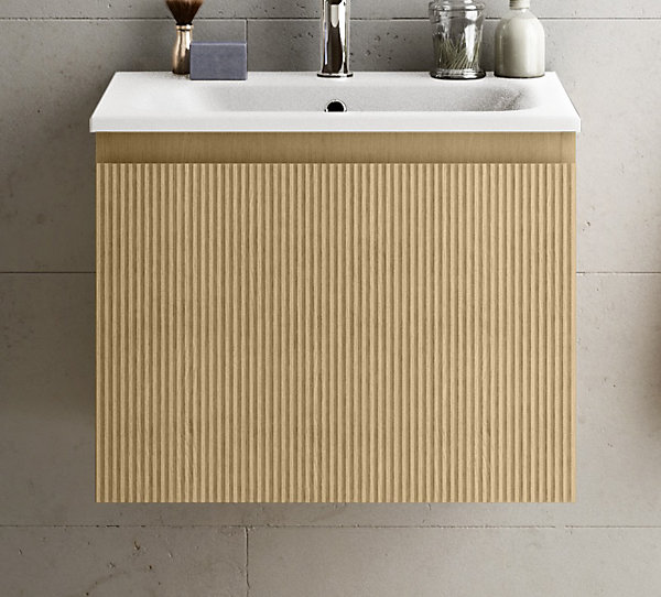 Meuble vasque suspendu plaqué chêne miel strié l.60 cm   plan vasque blanc mat résine, Pura