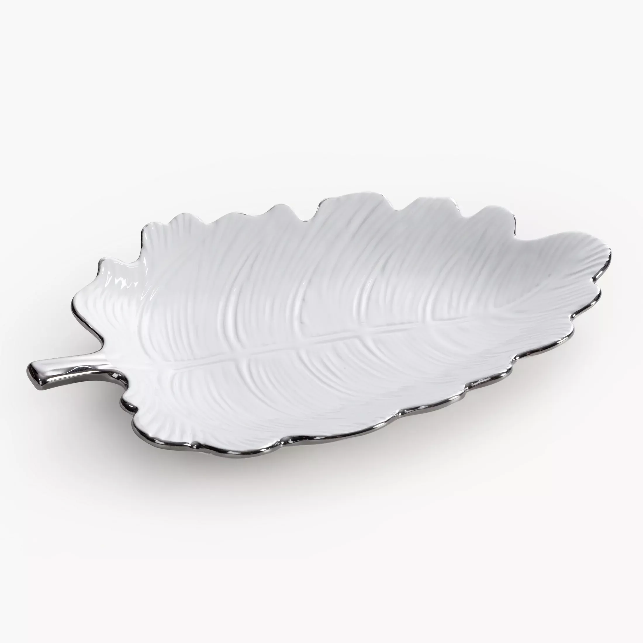Patera ceramiczna dekoracyjna biało-srebrnaw kształcie liścia 30x14x4 cm ALMA 1