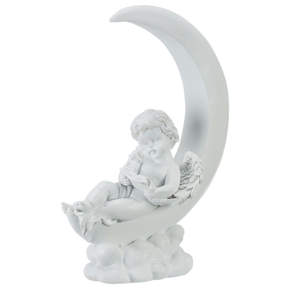 Ange funéraire assis décor lune blanc H29 cm