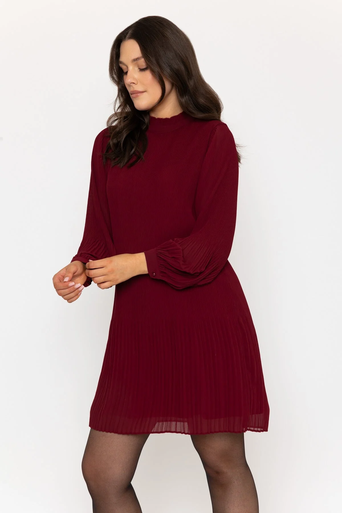 Long Sleeve Burgundy Pleated Dress
