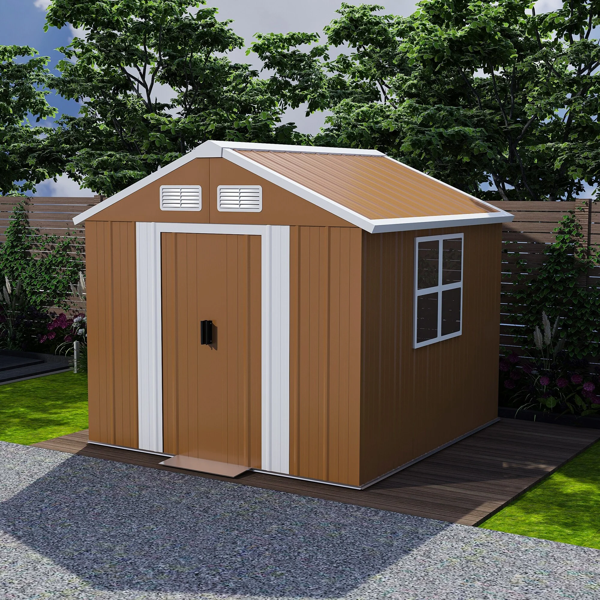 Triple-layer Rust Metal Storage Shed Pet Shed with Lockable Door Weatherproof Outdoor Garden Shed, Interlocking Panels