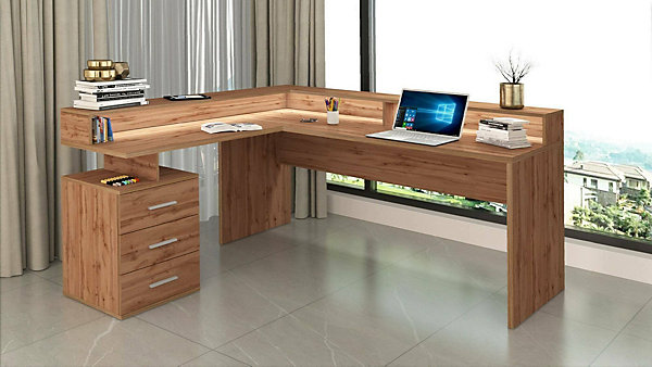Bureau Leonilda, Bureau d'angle avec plateau, Bureau polyvalent, 180x90h160 cm, Chêne