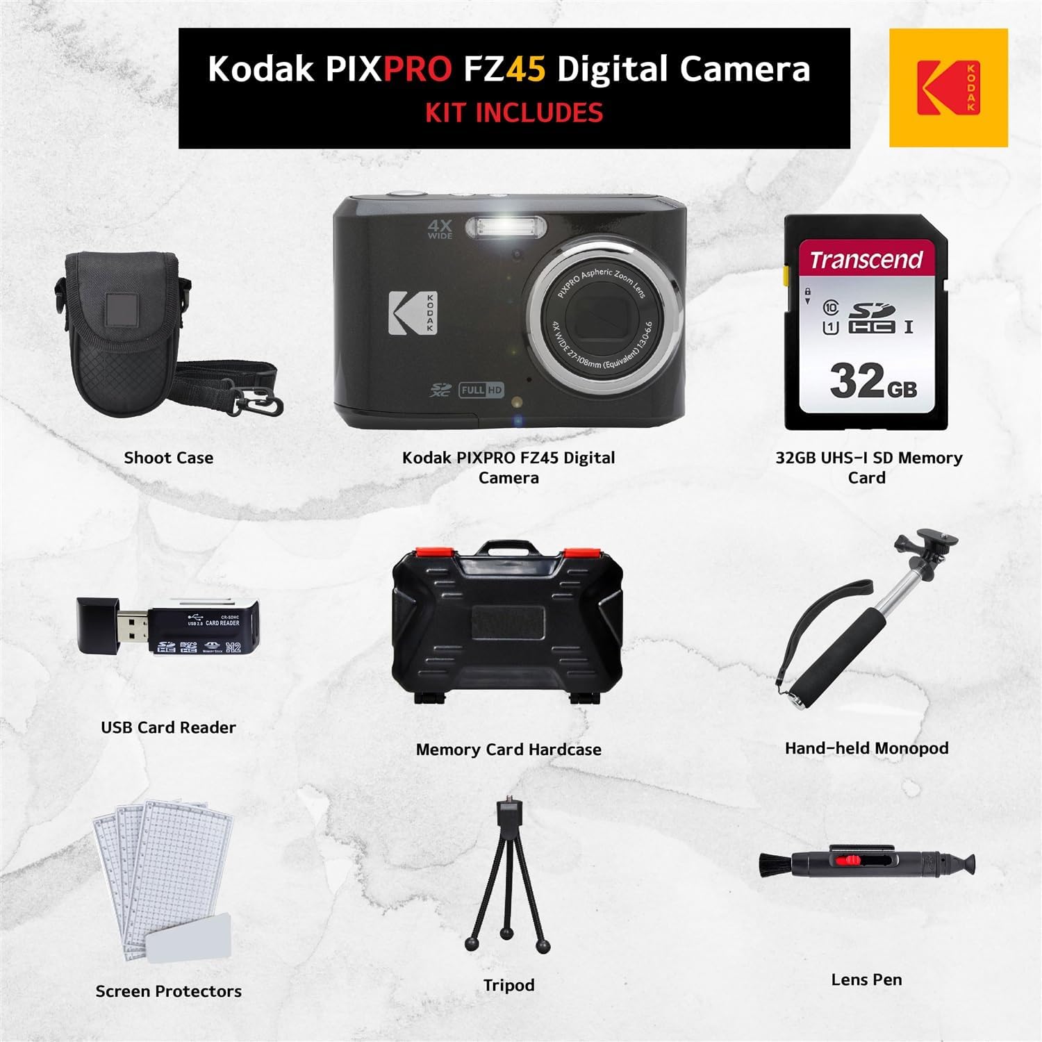 Kodak PIXPRO FZ45 Digital Camera  32GB Memory Card  Point and Shoot Camera Case  Extendable Monopod  Lens Cleaning Pen  LCD Screen Protectors  Table Top Tripod â€“ Ultimate Bundle (Black)