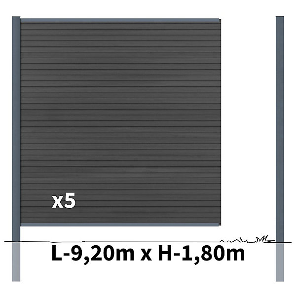 Kit Clôture Bois Composite Ardoise 9x1,8m SANTOS - Poteaux en Aluminium Gris - Brise Vue - Palissade