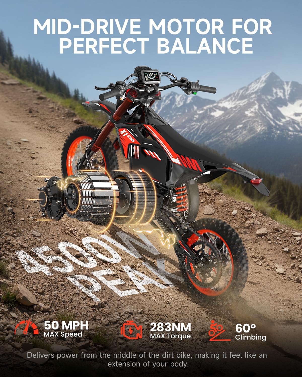 X1 Spark Electric Dirt Bike, 4500W Peak Mid-Drive motor Motor Electric Motorcycle, 60V 28.8Ah Battery, 50MPH & 60 Mile Range, Full Suspension Off Road E Bike for Teens & Adults 13+, 3 Speed Modes
