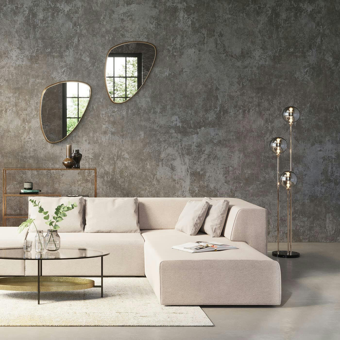 AL CAPONE - Lampadaire 3 globes en verre, acier doré et marbre H176