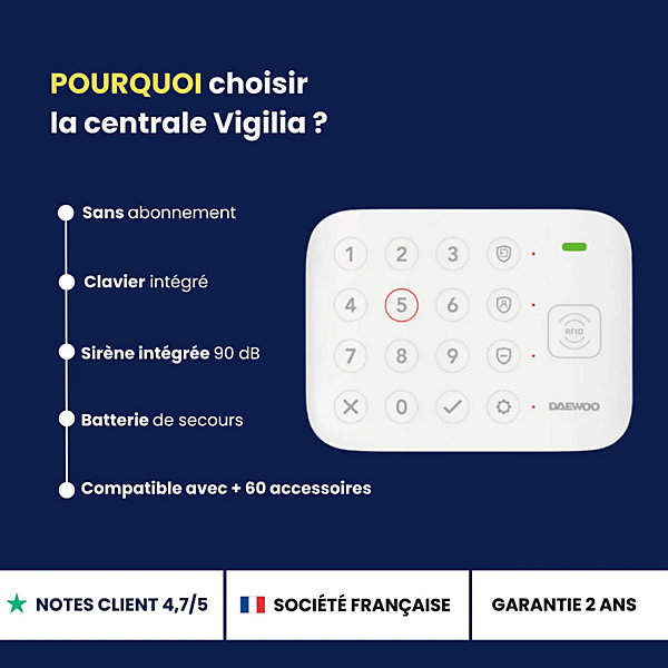 Alarme Maison Wifi Sans Fil Vigilia VIG507  - Kit Complet avec 2 Caméras Full HD intérieur/extérieur solaire motorisée et 17 Acces