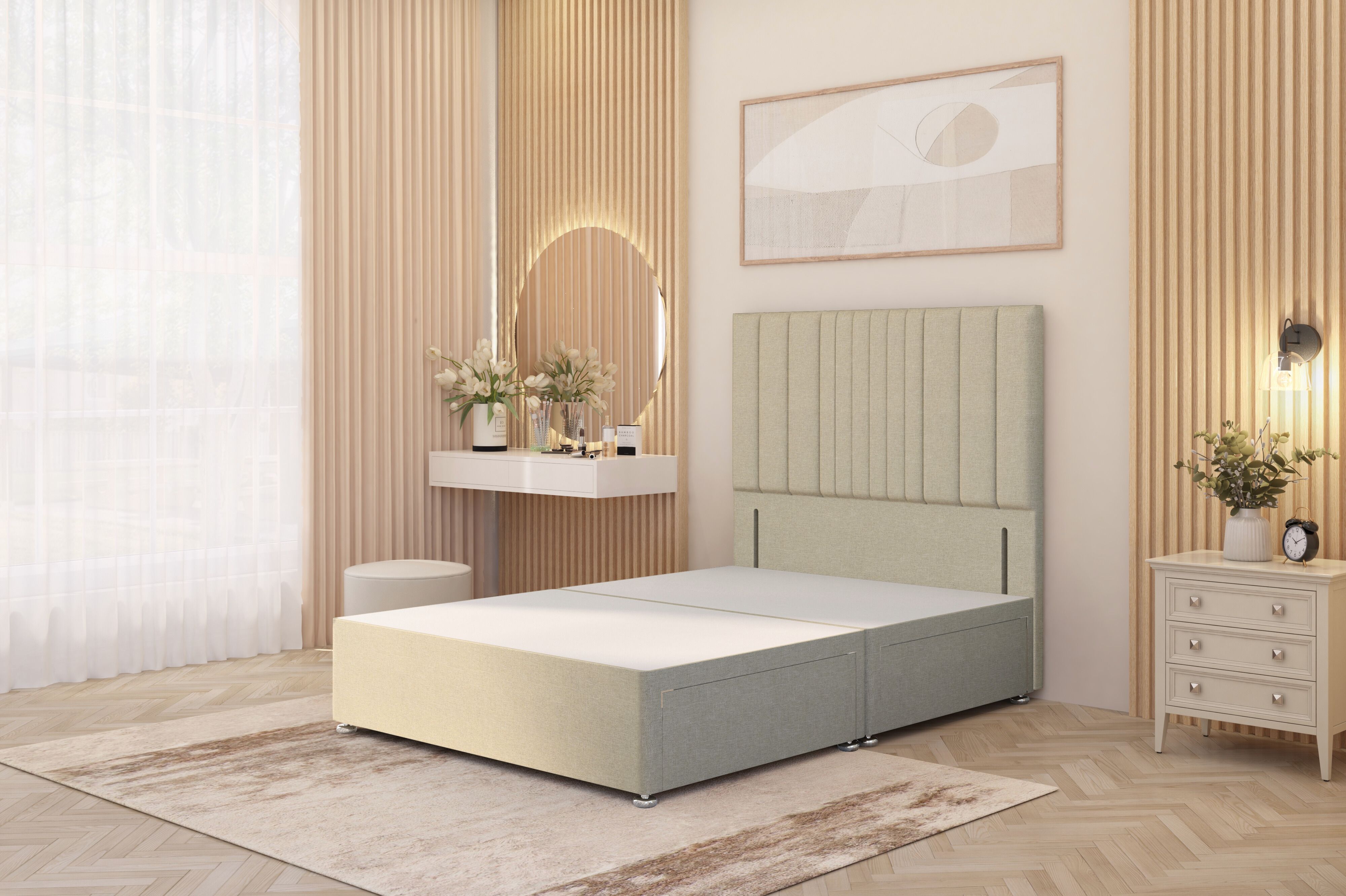 Somnior Alexas Divan 2 Draw Bed Base with Floor Standing Headboard Linen Fabric