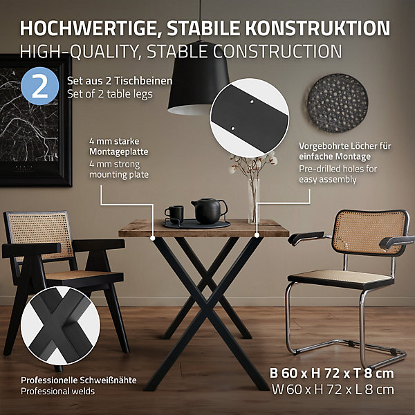 Lot de 2 pieds de table ECD Germany forme de X 60x72 cm noir acier revêtu poudre design industriel
